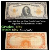 1922 $10 Large Size Gold Certificate Grades xf Sig