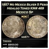 1957 Mo Mexico Silver 5 Pesos Hidalgo Toned KM# 46