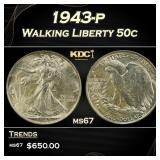 1943-p Walking Liberty Half Dollar 50c ms67 SEGS