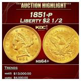1851-p Gold Liberty Quarter Eagle $2 1/2 ms64+ SEG