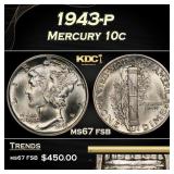 1943-p Mercury Dime 10c ms67 fsb SEGS