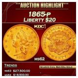 1865-p Gold Liberty Double Eagle $20 ms62 USCG