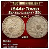 1844-p Seated Liberty Quarter Toned 25c ms62 USCG