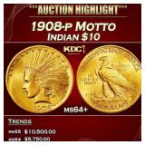 1908-p Motto Gold Indian Eagle $10 ms64+ SEGS