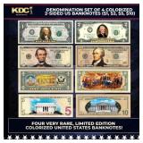 Denomination Set of 4 Colorized 2-Sided US Banknot