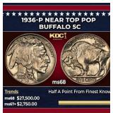 1936-p Buffalo Nickel Near Top Pop 5c ms68 SEGS