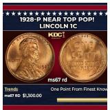 1928-p Lincoln Cent Near Top Pop! 1c ms67 rd SEGS