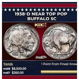 1938-d Buffalo Nickel Near Top Pop 5c ms67+ SEGS