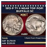 1913-p Ty II Buffalo Nickel Near Top Pop! 5c ms66+