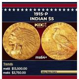 1915-p Gold Indian Half Eagle $5 ms64+ USCG