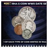 1944 WWII 5 Coin Date Set, 1 Of Each Type Of Coin