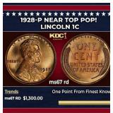 1928-p Lincoln Cent Near Top Pop! 1c ms67 rd SEGS