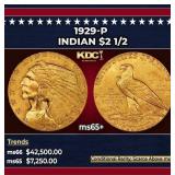 1929-p Gold Indian Quarter Eagle $2 1/2 ms65+ SEGS