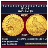 1910-s Gold Indian Half Eagle $5 ms64+ USCG