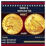 1909-s Gold Indian Half Eagle $5 ms63+ USCG