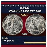 1943-p Walking Liberty Half Dollar 50c ms67 SEGS