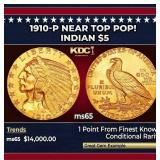 1910-p Gold Indian Half Eagle Near Top Pop! $5 ms6