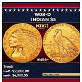 1908-d Gold Indian Half Eagle $5 ms64+ USCG