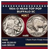 1934-d Buffalo Nickel Near Top Pop 5c ms66 SEGS