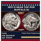 1937-d Buffalo Nickel Near Top Pop 5c ms67+ SEGS