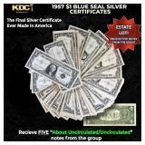 5x 1957 $1 Blue Seal Silver Certificates Grades AU