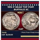 1915-p Buffalo Nickel Near Top Pop! 5c ms67 SEGS