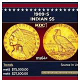1909-s Gold Indian Half Eagle $5 ms64+ USCG