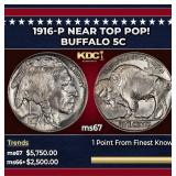 1916-p Buffalo Nickel Near Top Pop! 5c ms67 SEGS