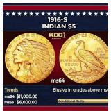 1908-d Gold Indian Half Eagle $5 ms64 USCG