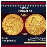 1915-s Gold Indian Half Eagle $5 ms63+ USCG