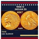 1908-p Gold Indian Half Eagle $5 ms66 USCG