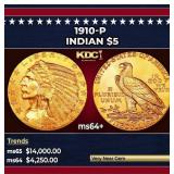 1910-d Gold Indian Half Eagle $5 ms65+ USCG
