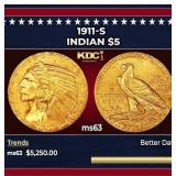1911-s Gold Indian Half Eagle $5 ms64+ USCG