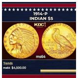 1908-d Gold Indian Half Eagle $5 ms64+ USCG