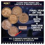 3 Coin 1909 Penny Set, Lincoln & Indian Cents 1c