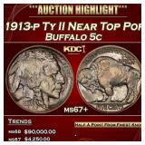 1913-p Ty II Buffalo Nickel Near Top Pop 5c ms67+