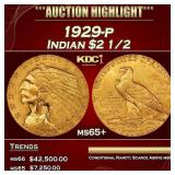1929-p Gold Indian Quarter Eagle $2 1/2 ms65+ SEGS