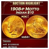 1908-p Motto Gold Indian Eagle $10 ms64+ SEGS