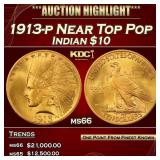 1913-p Gold Indian Eagle Near Top Pop $10 ms66 SEG