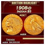 1908-d Gold Indian Half Eagle $5 ms64 USCG