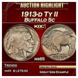 1913-d Ty II Buffalo Nickel 5c Grades ms65