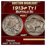 1913-p Ty I Buffalo Nickel 5c ms67 SEGS