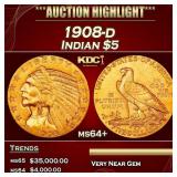 1908-d Gold Indian Half Eagle $5 ms64+ USCG