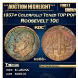 1957-p Roosevelt Dime Colorfully Toned TOP POP! 10