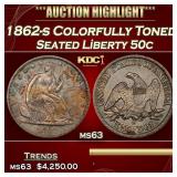 1862-s Seated Half Dollar Colorfully Toned 50c ms6