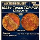 1928-p Lincoln Cent Toned TOP POP! 1c ms67 rb SEGS