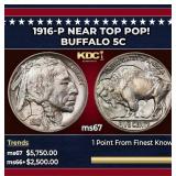 1916-p Buffalo Nickel Near Top Pop! 5c ms67 SEGS