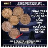 3 Coin 1909 Penny Set, Lincoln & Indian Cents 1c