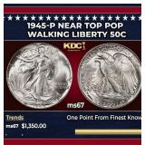 1945-p Walking Liberty Half Dollar Near Top Pop 50