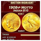 1908-p Motto Gold Indian Eagle $10 ms64+ SEGS